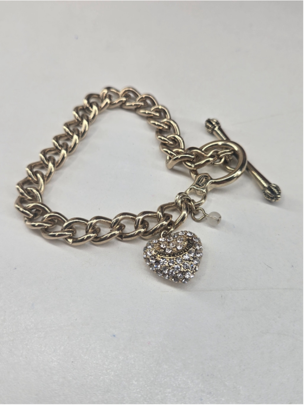 Juicy Couture Bracelet Goldtone Puffer Heart Charm Bracelet Crystal Dangle Pave